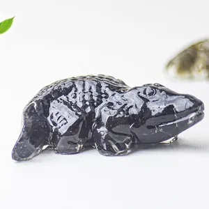Polished black resin crocodile figurine with natural crystal for home office desktop decor