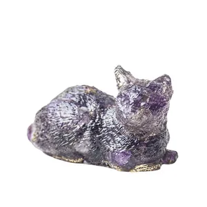 Figura de gato de resina de amatista púrpura natural para decoración de mesa de casa