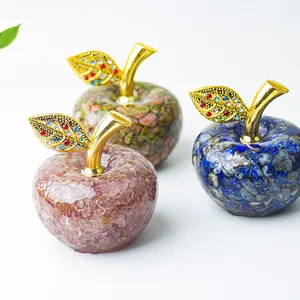 Statues de pommes en résine et cristaux naturels avec feuille dorée pour décor de bureau