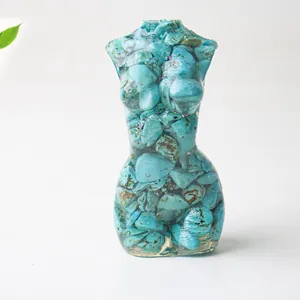 Artistic resin female torso figurine filled with blue turquoise stones for desk decor