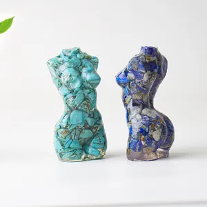 Artistic female torso statues set in turquoise and lapis lazuli resin for home decor