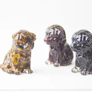 Detailed macro view of resin pug statues with natural crystal stone inlay textures