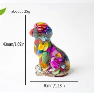 Resin dog statue with natural crystal stones, 43mm home and office desk ornament