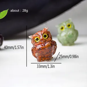 Resin owl figurine with natural crystal stones and large eyes, 40mm desktop decor