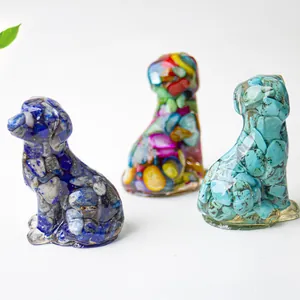 Sitting crystal resin dog statues with lapis and turquoise stones for home desk decor