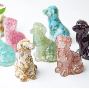 Sitting puppy statues made of resin and colorful natural crystal stones for desk decor