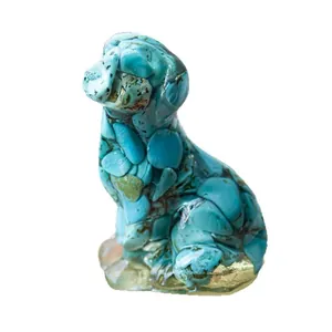 Resin sitting puppy statue made of turquoise crystal chips for home and office decor