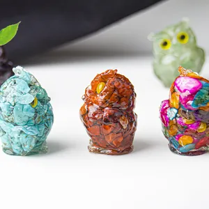Resin owl statues with natural crystal stone inlay for home and office decor