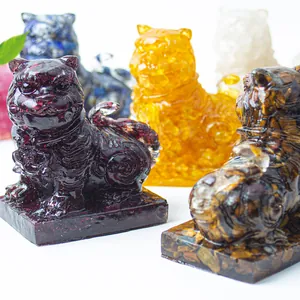 Fierce resin tiger statues with inlaid natural crystal stones for office decor