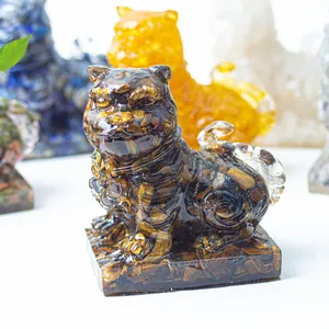 Traditional Chinese Mythical Beast PiXiu Statue Clear Resin Inlaid Natural Crystal Chips Desktop Ornament Home Office Decor