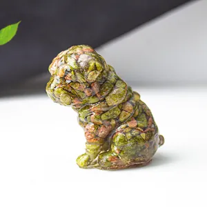 Macro detail of Shar Pei resin sculpture featuring green and brown natural stone textures