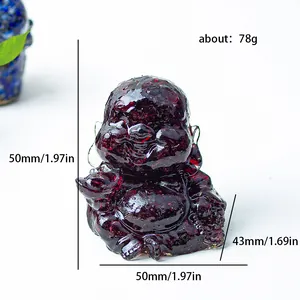 Detailed view of red crystal resin laughing Buddha statue with precise dimensions and weight