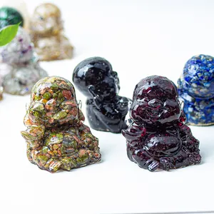 Laughing Buddha resin statue with colorful natural crystal stone filling home decor