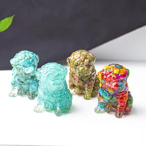 Set of four resin pug dog figurines with unique turquoise and mosaic textures for home decor