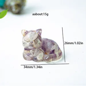 Miniature purple crystal cat figurine for home decor, 34mm hand-carved resin sculpture