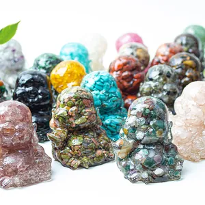 Laughing Buddha resin statue with natural crystal stones for feng shui home decor
