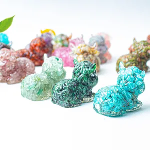 Detailed cluster of resin highland cow figurines with embedded colorful natural crystals