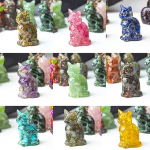 Detailed grid of crystal resin lucky cat statues in various natural gemstone colors
