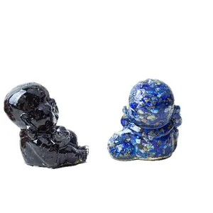 Laughing Buddha resin figurines with obsidian and lapis lazuli crystal inlay decor