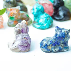 Mini resin gemstone cat figurines in assorted natural crystals for home desk decor