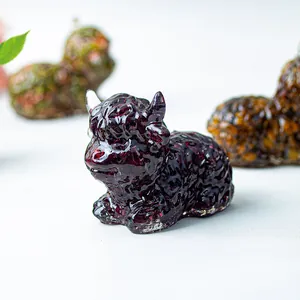 Detail of Highland Cow figurine made of purple resin with natural crystal textures