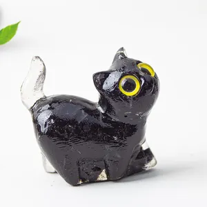 Figurine de Chat en Résine Faite à la Main Avec Incrustation de Pierre de Cristal Naturelle Ornement de Bureau Animal Mignon Décoration Maison