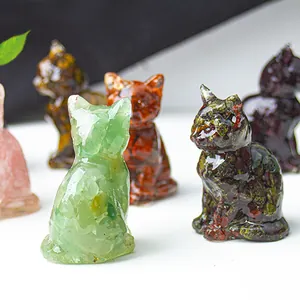 Polished resin lucky cat figurines made of natural crushed stones in various colors
