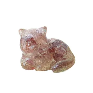 Cute miniature resin cat figurine with pink translucent finish for desktop decoration