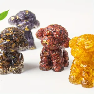 Teddy Dog Poodle Figurine Resin Statue With Natural Crushed Stone Gold Foil Desktop Ornament Creative Home Office Decor