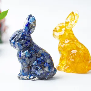 Artistic crystal rabbit figurines in blue lapis and amber resin for desktop decor