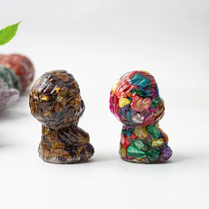 Meditating resin monkey statues with natural crystal stones for zen desktop decoration