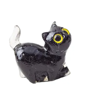 Figurine de chat en cristal noir faite main avec yeux jaunes pour décoration bureau