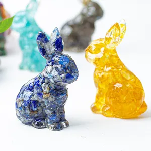 Cute resin rabbit figurines filled with natural crystals for luxury desktop decoration