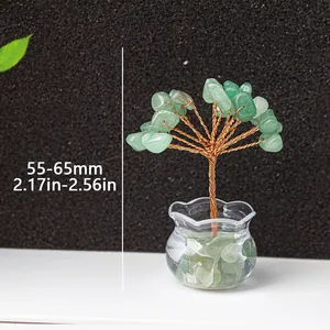 Handmade green crystal money tree decoration in glass base, height 55-65mm for tabletop