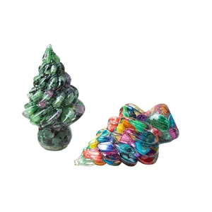Polished resin Christmas tree figurines with colorful gemstone textures for home decor