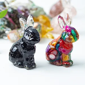 Handmade Resin Rabbit Figurine With Natural Crystal Crushed Stone Transparent Bunny Statue For Home Office Desk Decor Gift