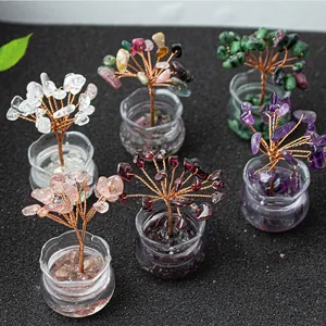 Handmade miniature natural crystal money trees set in glass jars with copper wire branches