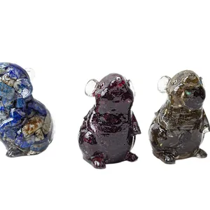 Set di 3 statuette a forma di topo in resina con inserti di pietre di cristallo naturali