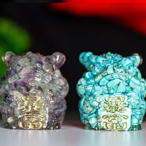 Pair of purple fluorite and turquoise owl statues with prosperity plaques