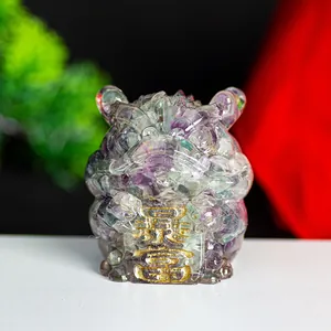 Three-legged fortune toad resin statue filled with natural crystals and gold plaque