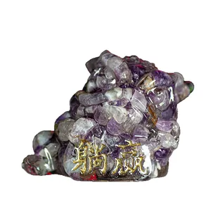 Bulldog figurine with purple amethyst stones in resin and gold calligraphy base