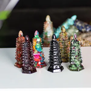 Detailed view of various resin-filled crystal Wenchang pagodas in multiple colors