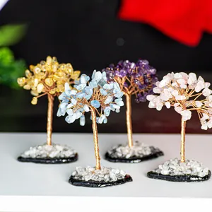 Natural Crystal Stone Money Tree Decor Hand Wrapped Copper Wire Life Of Tree Gemstone Bonsai Ornament For Wealth Luck Home Office Decoration
