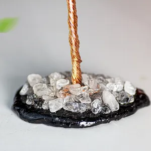 Macro view of crystal money tree base with copper wire trunk and clear quartz stones