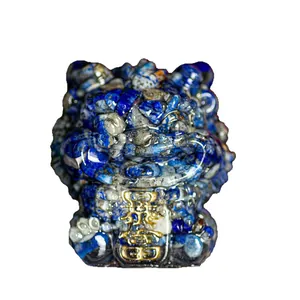Lapis Lazuli Blue Cat Figurine with Golden Lucky Ingot Decor and Natural Resin Base