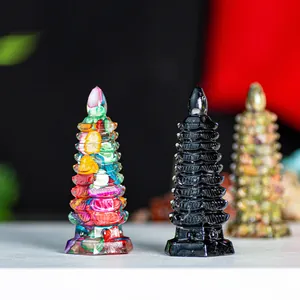 Resin Natural Crystal Chip Filled Pagoda Tower Ornament Chinese Wenchang Tower Office Desk Study Room Decor Accents