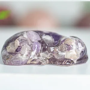 Sleeping Labrador resin figurine filled with purple amethyst crystals for home decor