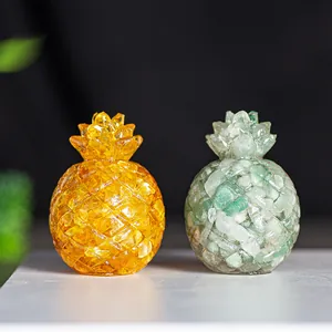 Resin pineapple ornaments with natural crystals in yellow and green for desk decor
