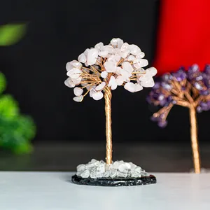 Natural pink crystal money tree with copper wire trunk and black base for home decor