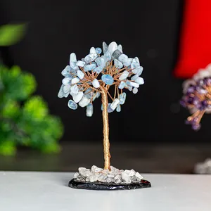 Detailed craftsmanship of blue crystal money tree with copper wire on a sleek base